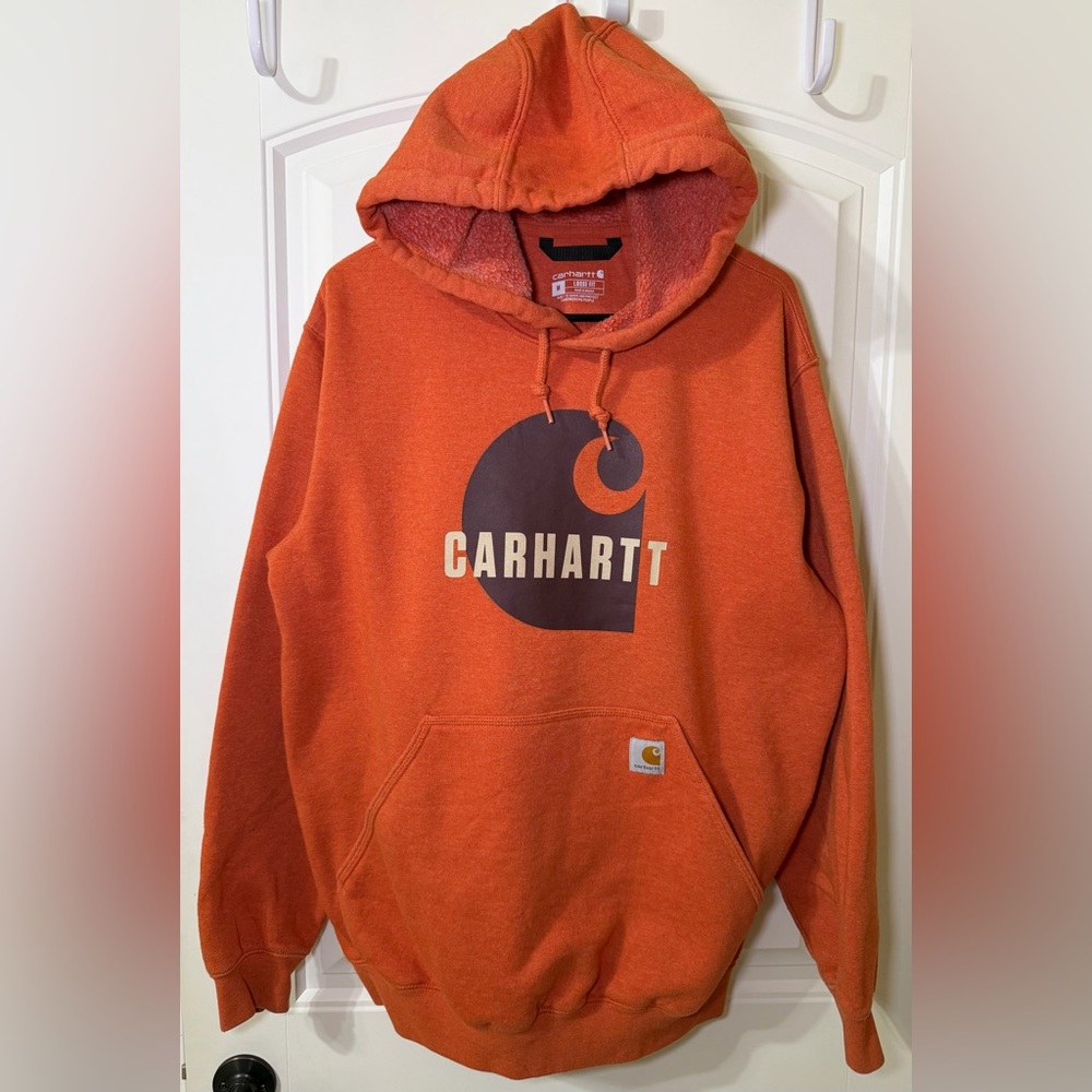 Carhartt Hoodie Mens Medium Orange Loose Fit Logo Workwear Pullover Sweatshirt